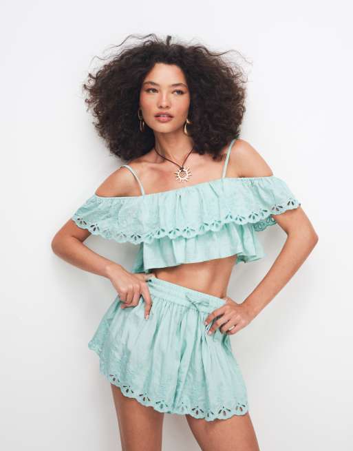 ASOS DESIGN ruffle shorts in turquoise (Part of a set), 2 of 9