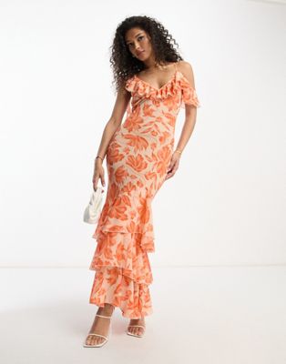 ASOS DESIGN sheer ruffle shoulder asymmetric hem maxi dress in orange floral jacquard