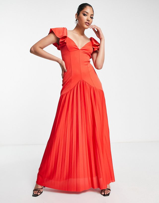 ASOS DESIGN ruffle shoulder pleated maxi dress in red PB8932