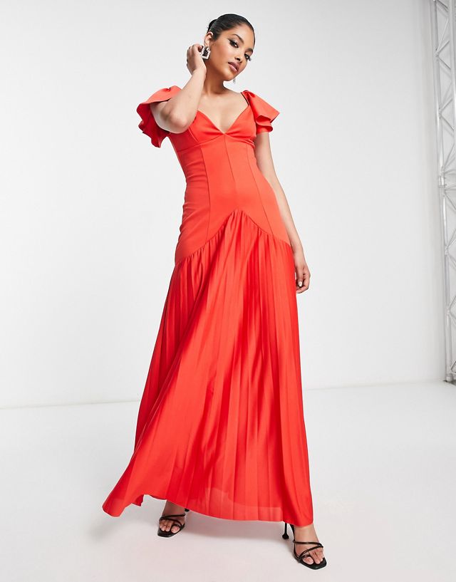 ASOS DESIGN ruffle shoulder pleated maxi dress in red PB8932