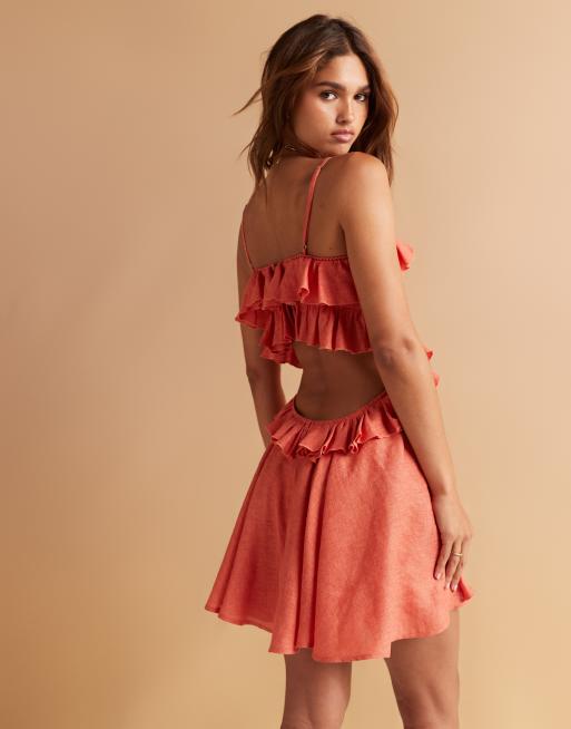 ASOS DESIGN ruffle skater mini dress with lattice trim detail in washed red