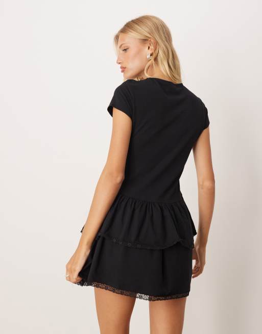 ASOS DESIGN ruffle skirt mini dress with lace trim in black, 3 of 4