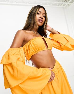 Asos Design Ruffle Sleeve Beach Crop Top In Orange - Part Of A Set