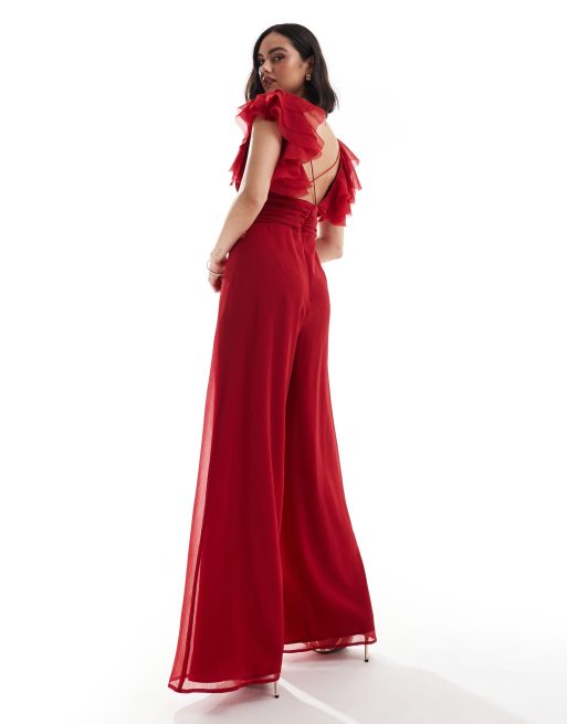 ASOS DESIGN ruffle sleeve cross back wide leg jumpsuit in red, 2 of 4