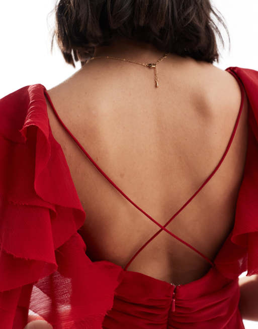 ASOS DESIGN ruffle sleeve cross back wide leg jumpsuit in red, 4 of 4