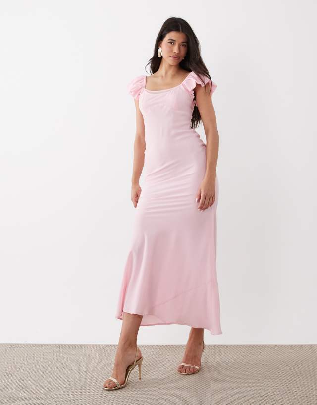 formal shift dress ASOS DESIGN ruffle sleeve double layer maxi in light pink Floral