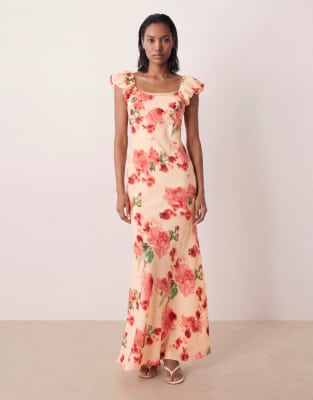 ASOS DESIGN ruffle sleeve double layer shift dress in orange floral print