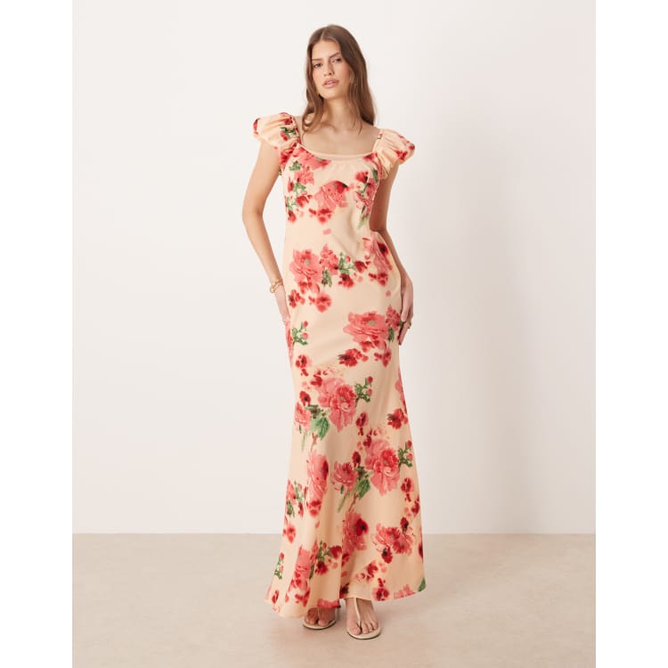 ASOS Design ruffle sleeve double layer shift dress in orange floral print-Multi