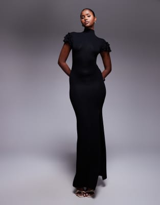 Asos Design Ruffle Sleeve High Neck Maxi Dress In Black