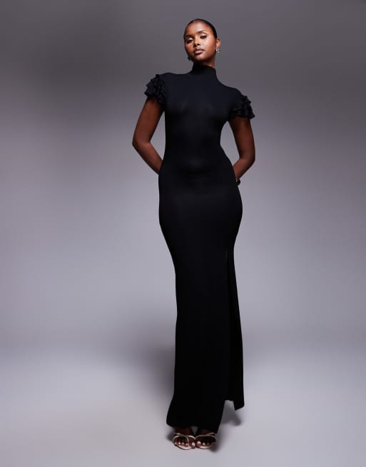 ASOS DESIGN ruffle sleeve high neck maxi dress in black