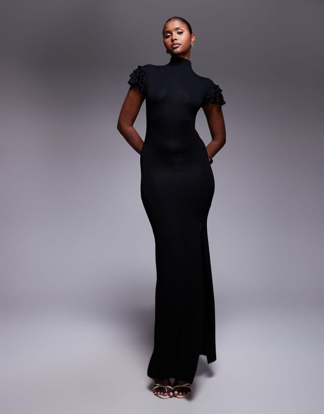 formal dress with ruffle sleeves ASOS DESIGN sleeve high neck maxi in black ART-DECO-100