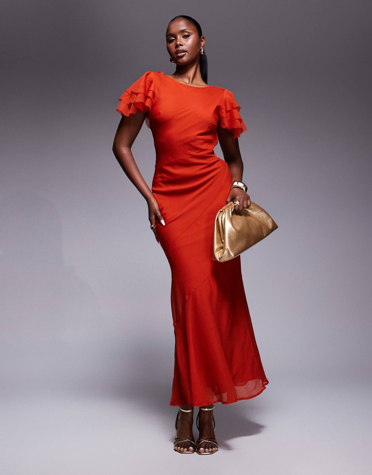 ASOS DESIGN ruffle sleeve high neck maxi dress in red