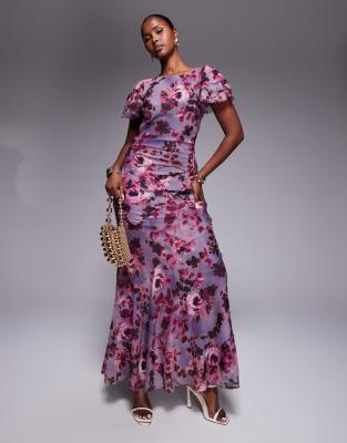 Asos Design Ruffle Sleeve High Neck Maxi Dress In Multi