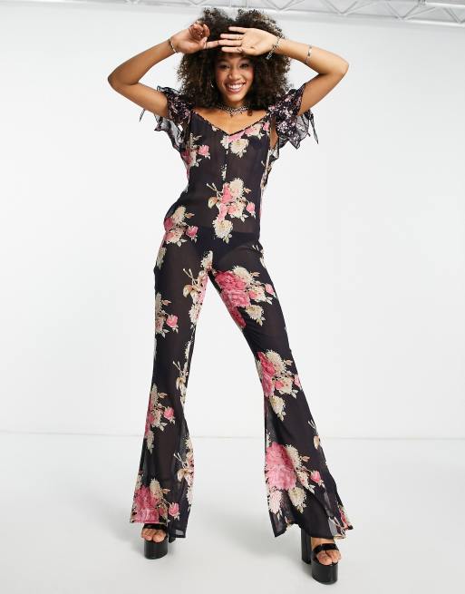 ASOS DESIGN ruffle sleeve jumpsuit in vintage floral