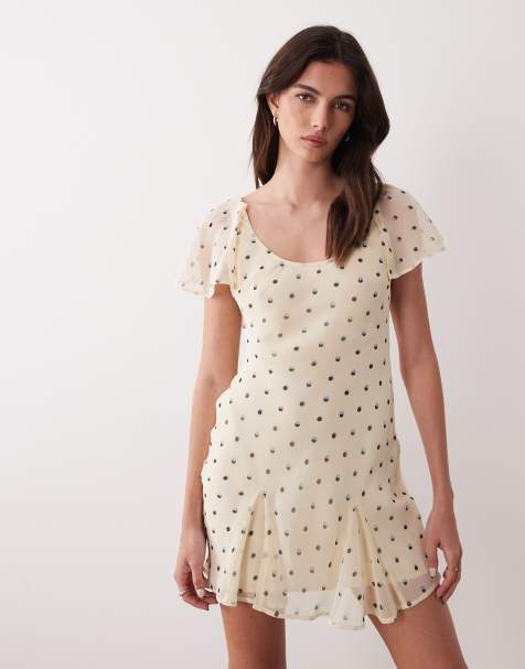 ASOS DESIGN ruffle sleeve scoop bias mini dress in blue black spot