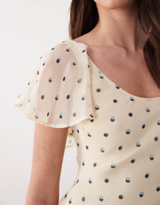 ASOS DESIGN ruffle sleeve scoop bias mini dress in blue black spot, 3 of 4