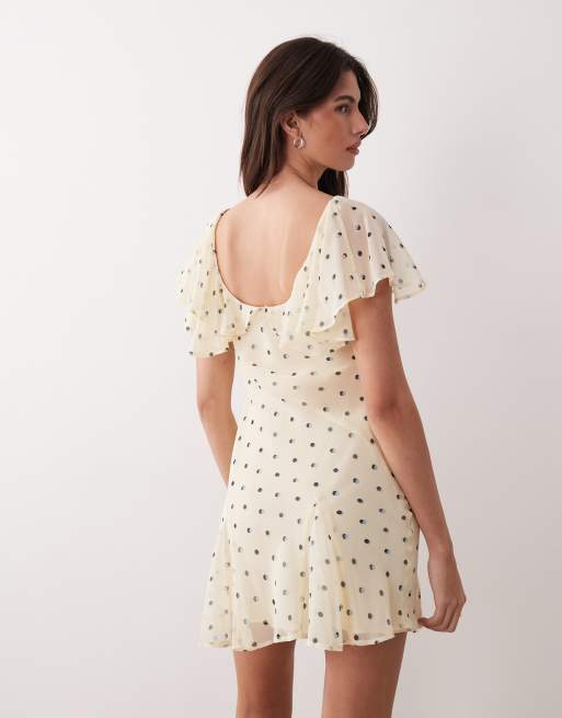 ASOS DESIGN ruffle sleeve scoop bias mini dress in blue black spot, 4 of 4