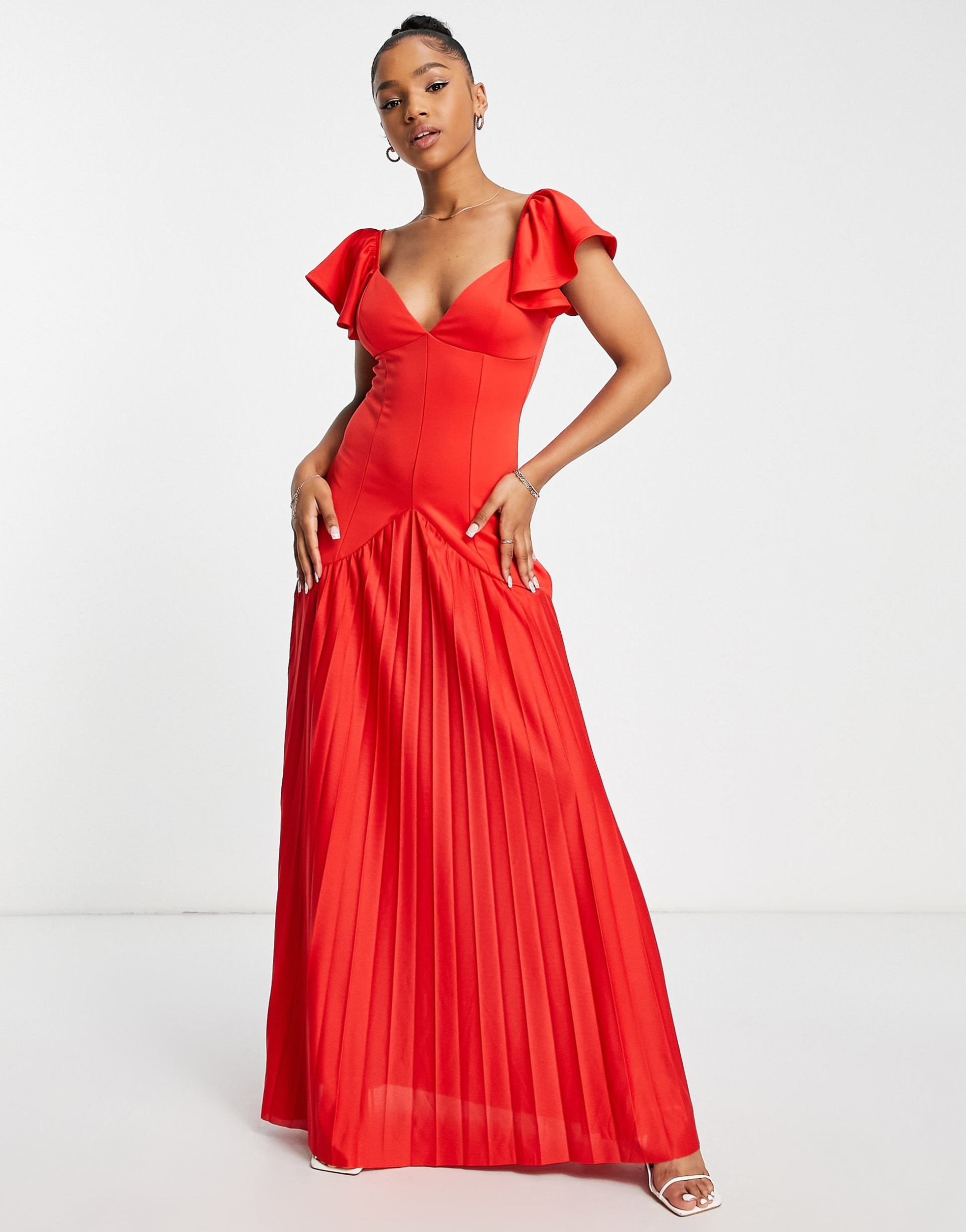 asos design ruffle sleeve seamed pleated maxi dress in red