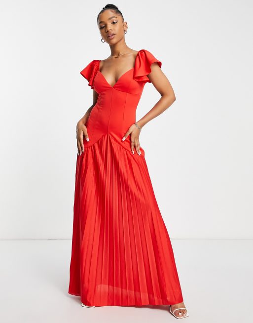 Scarlet Red Maxi Dress with Ruffled Sleeves & Skirt, Phase Eight