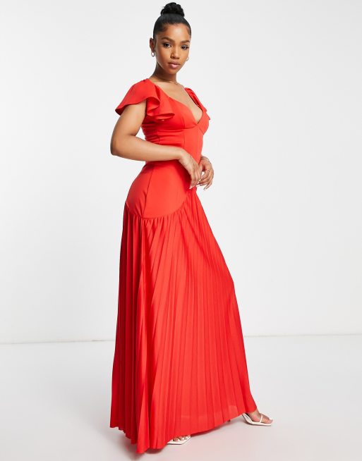 ASOS DESIGN ruffle sleeve seamed pleated maxi dress in red