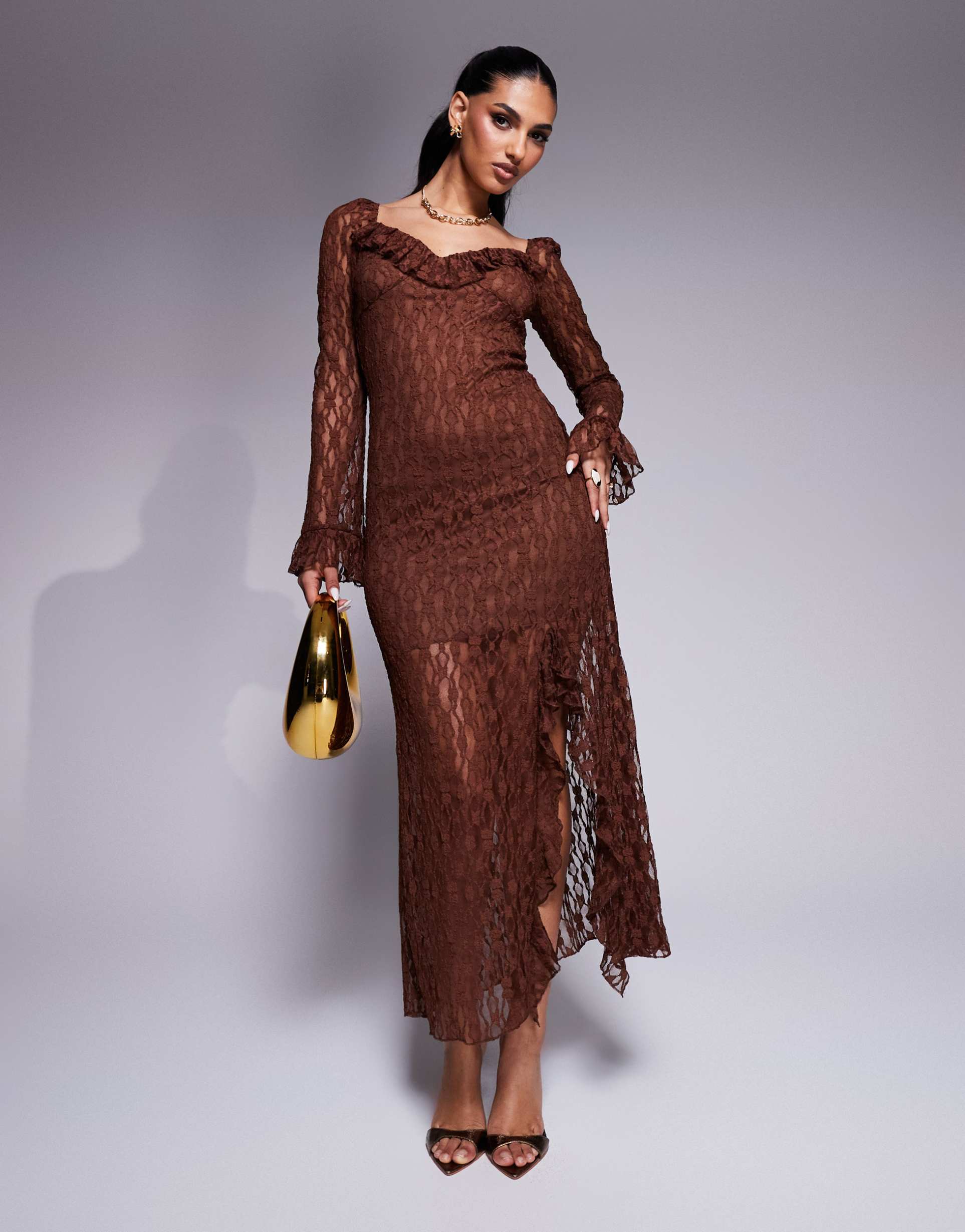 asos design ruffle slit front midi lace dress in brown