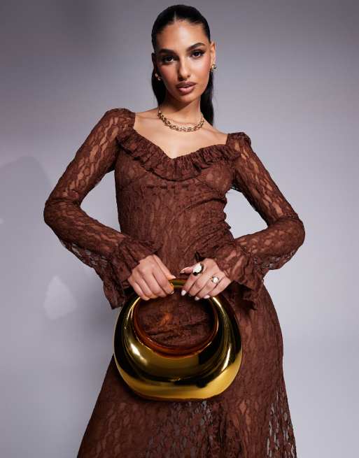 ASOS DESIGN ruffle slit front midi lace dress in brown | ASOS