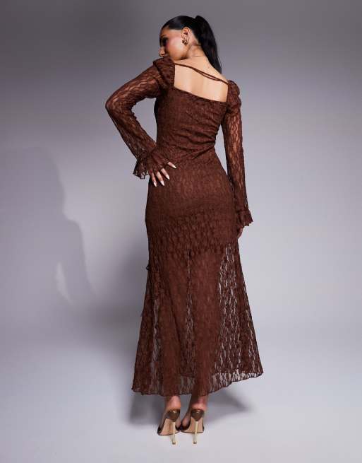 brown and lace dress Mocha Balloon Sleeve Long Vintage Fairytale Style Brown / M Hidden Back Zipper Lace Bustier Draped Maxi Dress