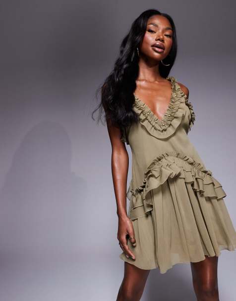 ASOS DESIGN ruffle strap detail mini dress with gold trim in khaki - view 1