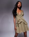 [ASOS DESIGN] ASOS DESIGN ruffle strap detail mini dress with gold trim in khaki-Green 8 KHAKI