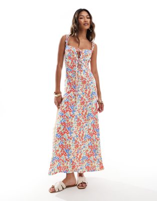 Asos Design Ruffle Strap Sweetheart Midi Dress In Ditsy Print-multi