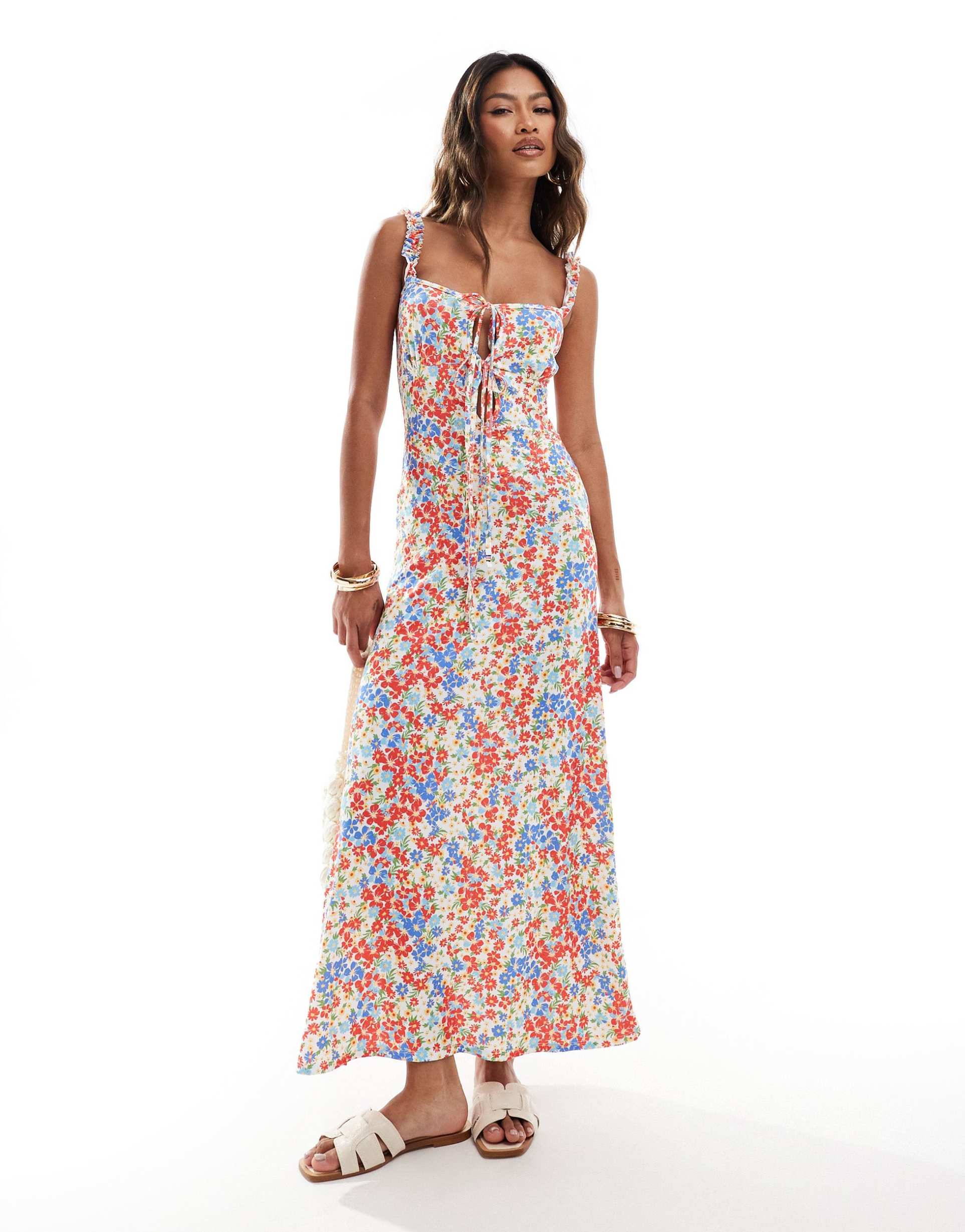 asos design ruffle strap sweetheart midi dress in ditsy print