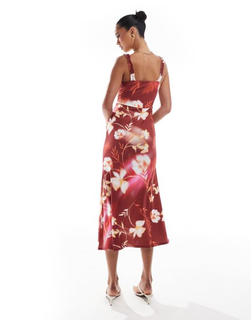ASOS DESIGN ruffle strap tie front midi dress in burgundy floral print