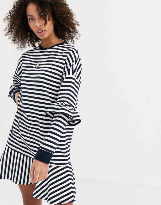 ASOS DESIGN ruffle sweat mini dress in black and white mono stripe