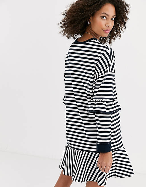 ASOS DESIGN ruffle sweat mini dress in black and white mono stripe