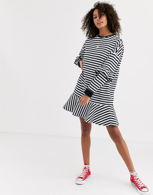 ASOS DESIGN ruffle sweat mini dress in black and white mono stripe