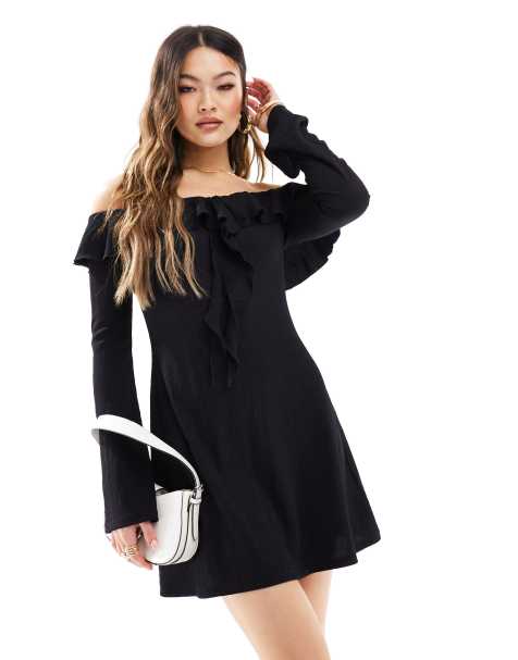 ASOS DESIGN ruffle textured off the shoulder mini dress in black - view 1