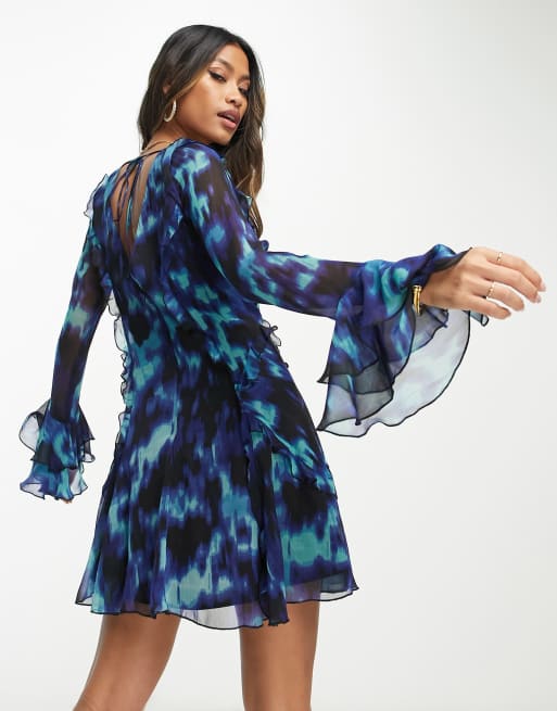 ASOS DESIGN ruffle tie front plunge mini dress with frill sleeves in black  and blue abstract print