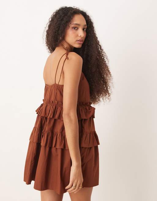 ASOS DESIGN ruffle tiered mini dress in chocolate