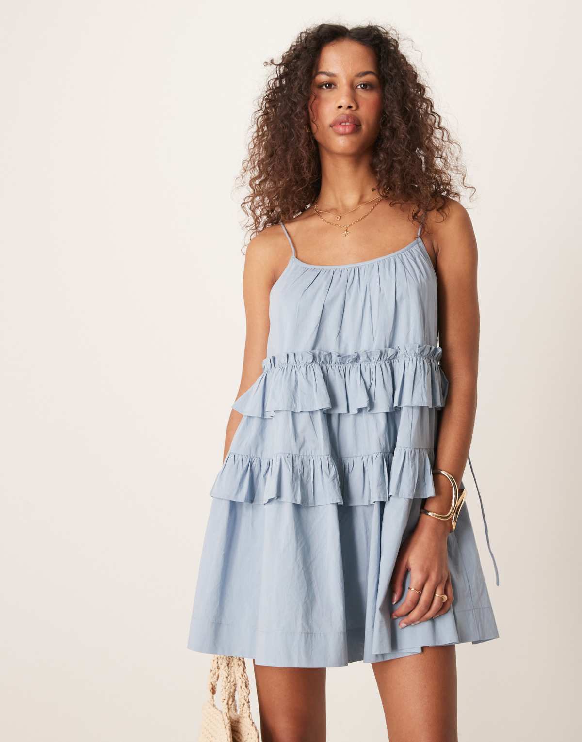 ASOS DESIGN ruffle tiered mini dress in smoky blue