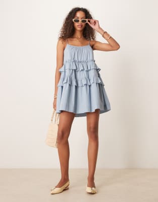 Asos Design Ruffle Tiered Mini Dress In Brown