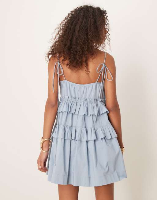 asos blue frill dress ASOS Design Blue Floral Open Back Frill Detail Dress UK 6 main image 1
