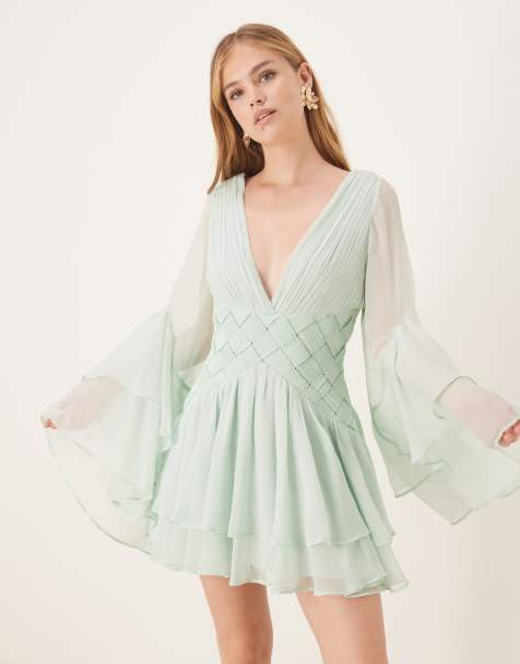 ASOS DESIGN ruffle tiered mini dress with weave detail in pale blue - view 1