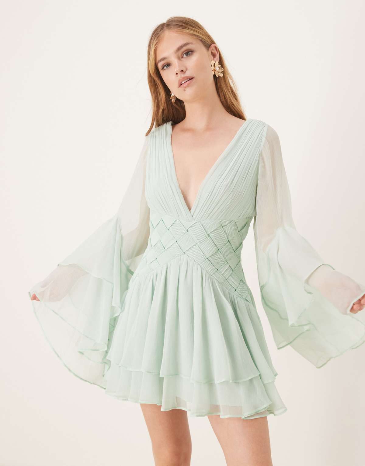ASOS DESIGN ruffle tiered mini dress with weave detail in pale blue