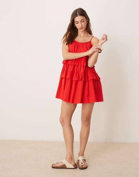 ASOS DESIGN ruffle tiered mini sundress in red - view 1