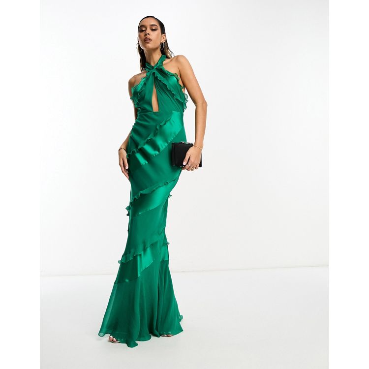 ASOS DESIGN ruffle twisted halterneck maxi dress with tie waist detail in  sea green