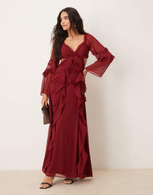 Asos Design Ruffle V Neck Long Sleeve Maxi Dress In Burgundy-red