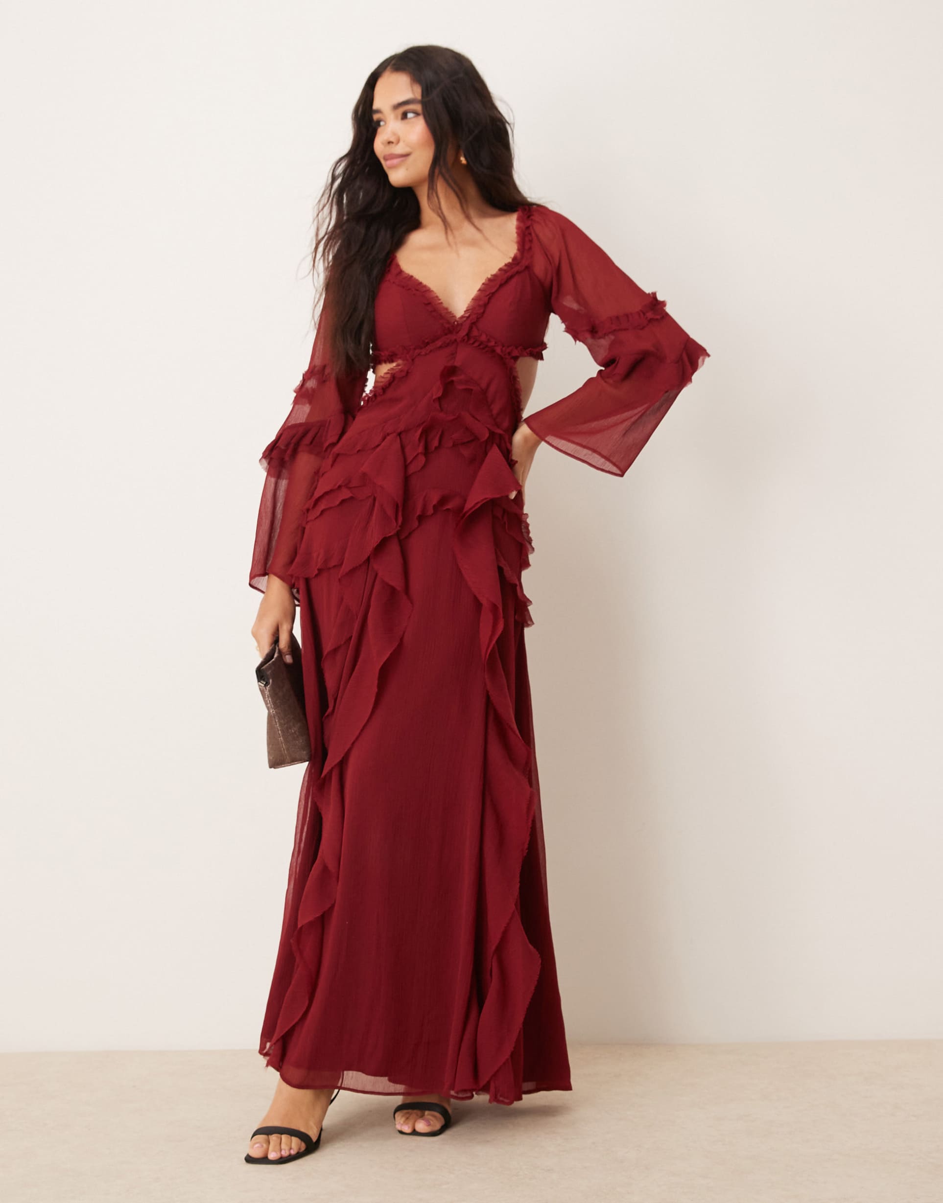 asos design ruffle v neck long sleeve maxi dress in burgundy