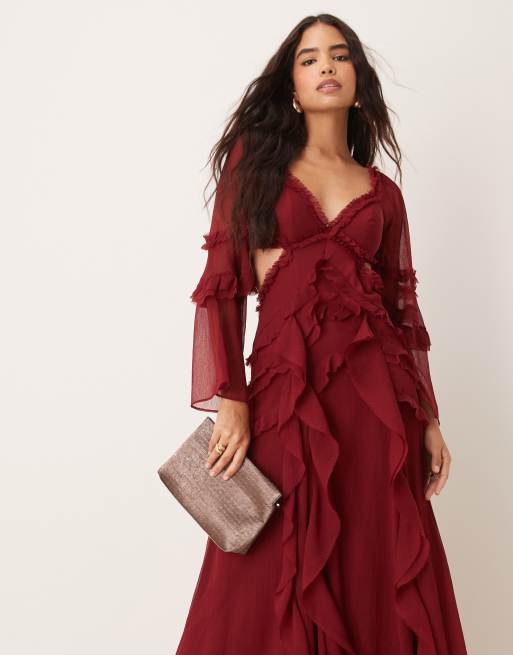 ASOS DESIGN ruffle v neck long sleeve maxi dress in burgundy ASOS
