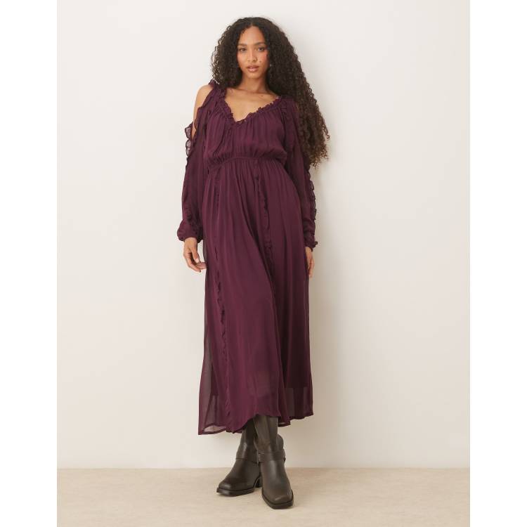asos purple prom dress Midi Dress Bardot Style Prom Dress ASOS DESIGN Twist Bardot Midi Dress With  Corsage Back Detail