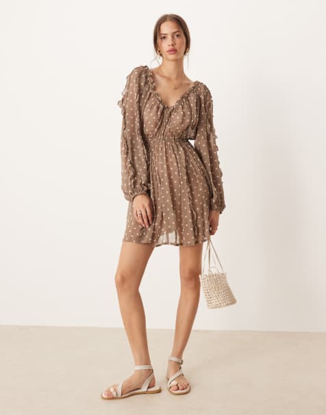 ASOS DESIGN ruffle v neck mini dress with tie front in brown spot - view 1